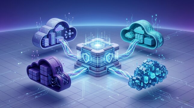 Multi cloud security concept with shielded server and interconnected cloud services on grid background