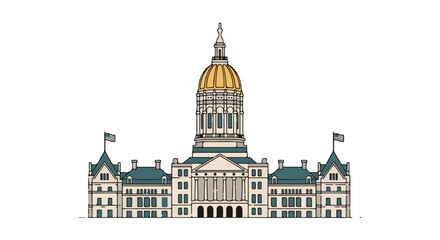 Obraz premium Stylized illustration of a grand government building with a golden dome and flags