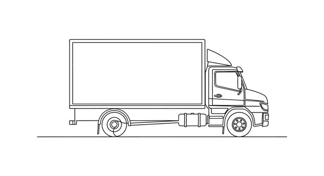 Side view line drawing of a box truck with line art, white background