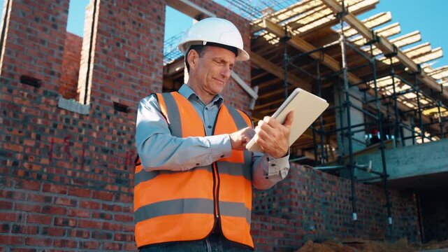 Reading, typing and man with tablet on construction site, progress report and building material order. Smile, mature or contractor with daily log for infrastructure update, tech or safety checklist