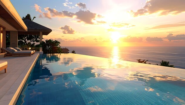 A serene infinity pool overlooking the ocean at sunset (808)