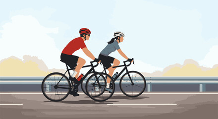 Fototapeta premium Two cyclists ride bicycles on an asphalt road next to a highway guardrail