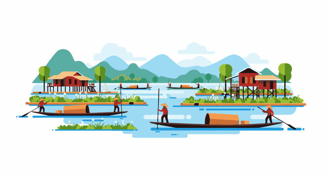 Traditional Asian floating village with stilted houses and boats on water