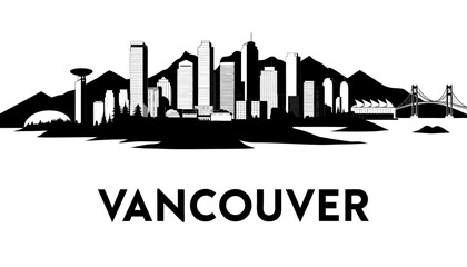 Obraz premium Vector illustration of Vancouver skyline in black silhouette, with “VANCOUVER” text, on white background, modern city identity and tour