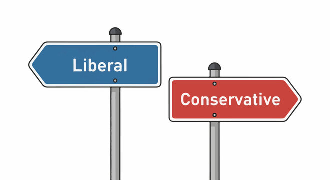 Two directional signs indicating Liberal and Conservative paths