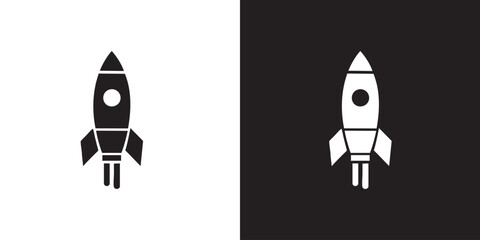 Minimalist Rocket Ship Icon with Fins and Window in Black Silhouette - Modern Space Exploration Shuttle Symbol, Cosmic Missile Launch Graphic, and Sci-Fi Spaceship Vector © Arolicon