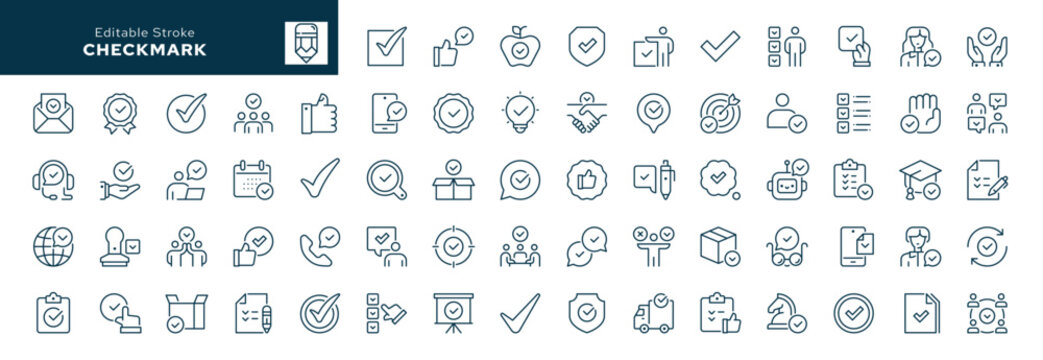 Checkmark outline icons set. Check mark, bird, voting, opinion and polling. Acknowledgment, acceptance, agreement, approval, verification and certification. Line icon in linear style. Vector collectio