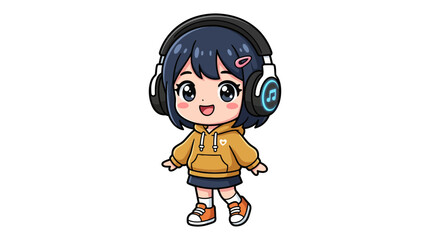 Cute Anime Girl with Headphones Listening to Music