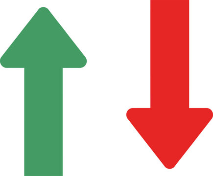 Green arrow pointing up and red arrow pointing down isolated symbols