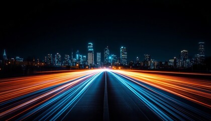 Fototapeta premium Vibrant Nighttime Cityscape with Illuminated Skyscrapers and Fast-Moving Ground Transportation