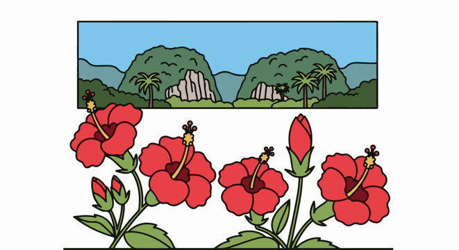 Tropical landscape with mountains, palm trees, and red hibiscus flowers