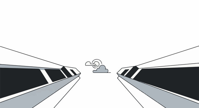 Two abstract trains approach each other under a stylized sun and cloud