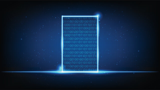 Glowing neon door with binary code matrix, Abstract futuristic technology gateway background