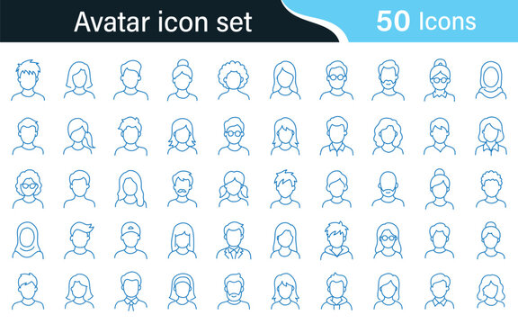 Mega Collection of Male avatar and profile line icons &ndash; editable stroke outline, front and side views in business and casual styles, outline symbols of man, user, business, and professional portrait 