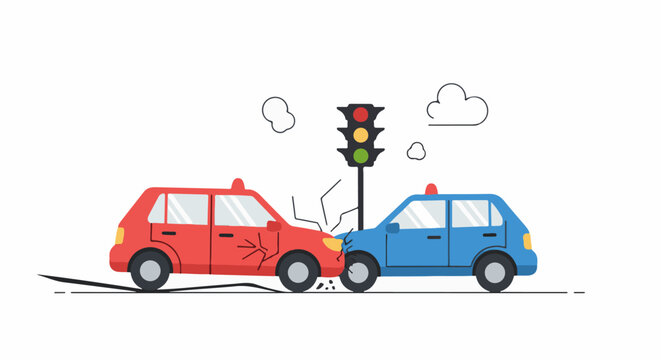 Two cars crashed together at a traffic light