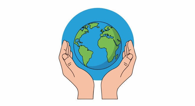 Two hands cradle the planet Earth within a blue circle