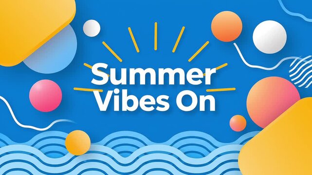 A vibrant minimalist motion graphic featuring a bright blue background with smooth animated shapes and clean geometric elements. The phrase "Summer Vibes On" appears in elegant modern typography