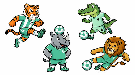 Obraz premium Cute Cartoon Animal Soccer Team Playing Football, Tiger, Lion, Rhinoceros, Alligator in Uniforms on White Background, Vector Illustration