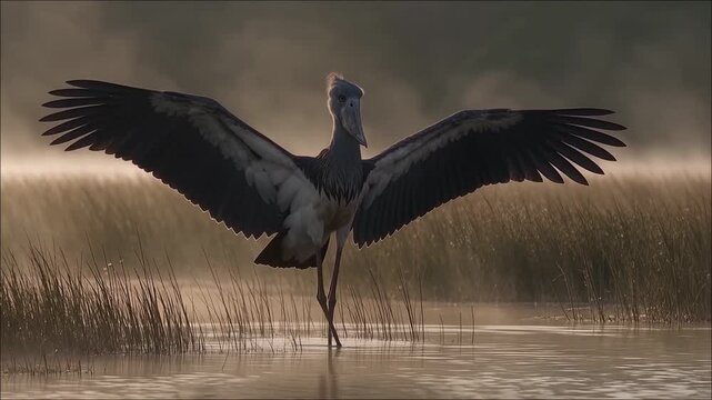 Shoebill Stork Standing in a Misty Wetland with Wings Spread