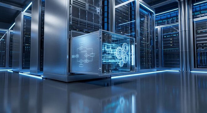 Regulatory technology concept with automated compliance in a futuristic server room with blue glowing servers and a transparent computer box