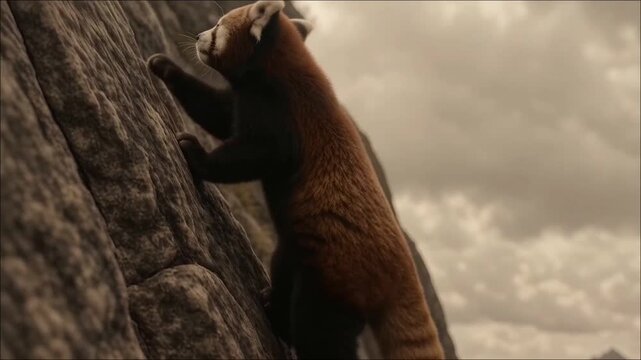 Red Panda Climbing a Rocky Mountain Cliff