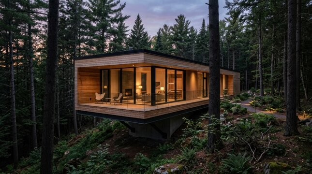 Detailed view of a cantilevered modern house made of cedar wood and glass nestled in a lush evergreen forest at dusk, showcasing luxury architecture and serene wilderness living.
