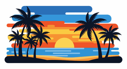 Obraz premium Stylized tropical beach sunset with silhouette palm trees and colorful abstract sky