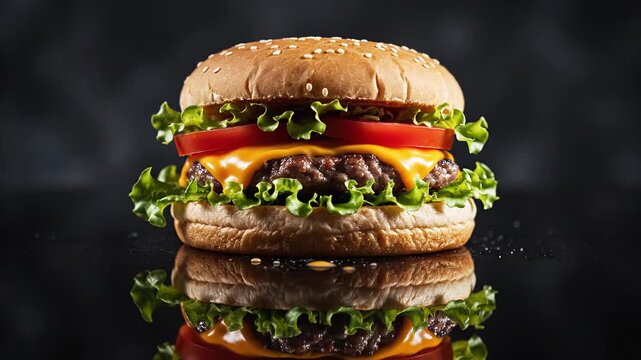 Delicious floating burger with melted cheese and fresh lettuce against a dark background