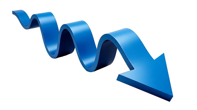 Blue curved arrow PNG with wavy down trend design, isolated on white background, business loss and crash illustration