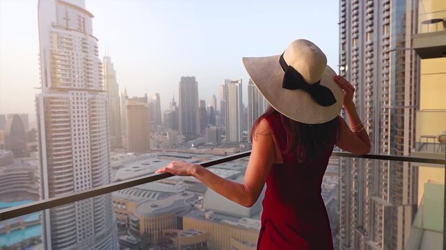 A elegant woman in a red dress enjoys the panoramic sunset view over the Downtown City skyline of Dubai, UAE