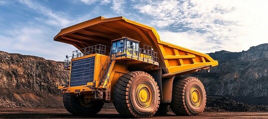 Fototapeta premium Massive Yellow Mining Truck Operating in an Open Pit Quarry, Showcasing Heavy Machinery in Action