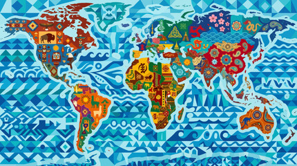 Vibrant abstract world map design with decorative patterns and bold colors. © izzstudio