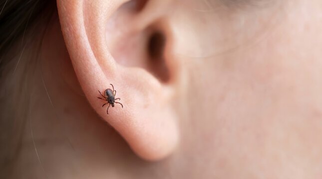 Tick crawling on woman ear. Ixodes parasite posing risk of dangerous infection like Lyme disease and encephalitis. Medical danger and outdoor insect threat to human health safety.