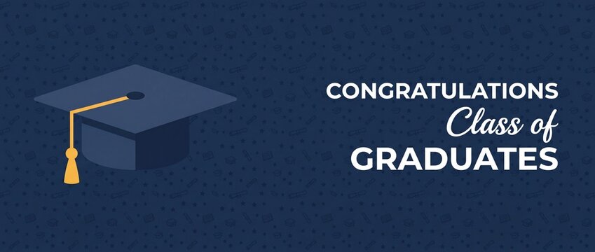 Graduation background congratulations class banner with mortarboard cap and tassel on dark blue pattern backdrop, school college university graduate ceremony card layout, elegant celebration vector.