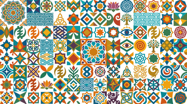 Colorful geometric tile mosaic pattern with intricate ceramic motifs and decorative tiling design.