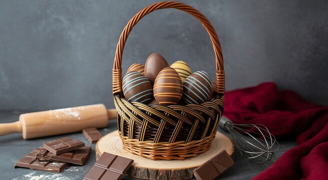 Golden woven basket with fresh bread rolls and wooden cutting board on rustic surface golden brown crust