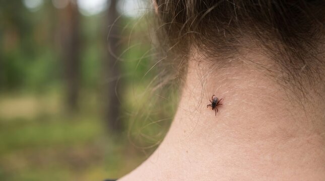 Tick crawling on woman neck. Parasite insect attached to human skin. Risk of infection and Lyme disease. Outdoor nature danger, warning of insect bite during hike in forest area.