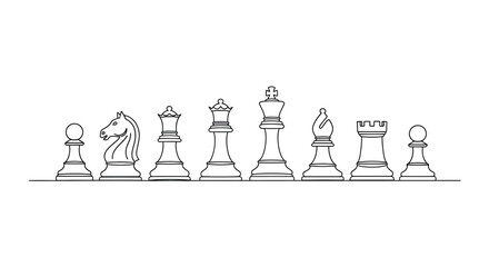 Line art illustration of classic chess pieces in a horizontal row © Line Galaxy
