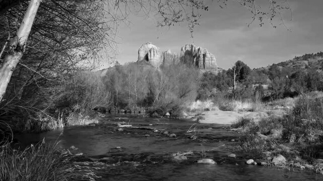 Old black and white movie style film of Cathedral rock in Sedona , Arizona, USA . This place is  often used in  cowboy movie sets of the 1940's 