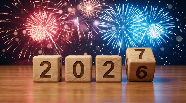 Happy new year 2027 transition with fireworks and wooden cubes showing 2026 then 2027 on wooden surface.