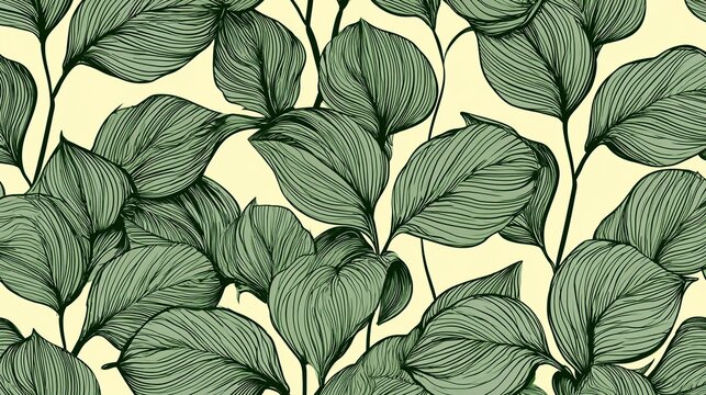 Repeating seamless foliage pattern outlined in deep forest green with varied leaf silhouettes and curved parallel vein strokes over soft pale yellow base, suitable for fabric