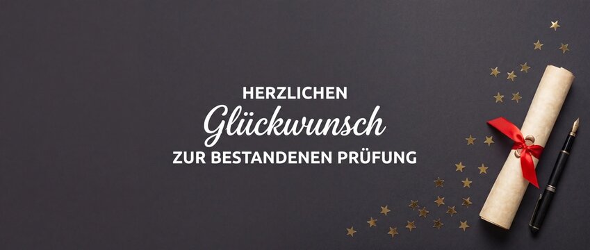 Gl&uuml;ckwunsch zur bestandenen Pr&uuml;fung Urkunde mit roter Schleife und F&uuml;llfederhalter auf elegantem schwarzen Hintergrund als Banner f&uuml;r das Konzept Erfolg, Schulabschluss, Abitur, Studium, die Karriere.