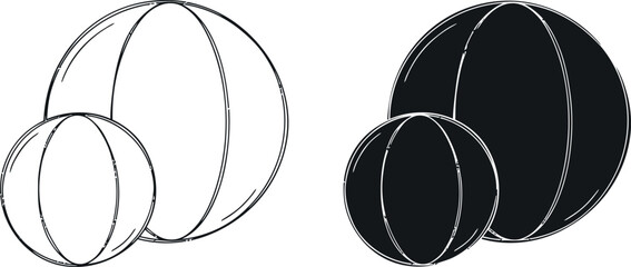 Obraz premium Geometric illustration of two spheres in outline and solid black with geometric abstract dimension