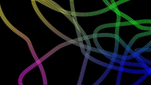 Vibrant Multicolored Dotted Paths Moving on Black Background