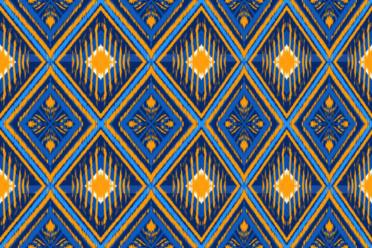 Abstract navy blue and yellow on ikat tribal fabric aztec inspired, ethnic horizontal geometric elements pattern wallpaper background.