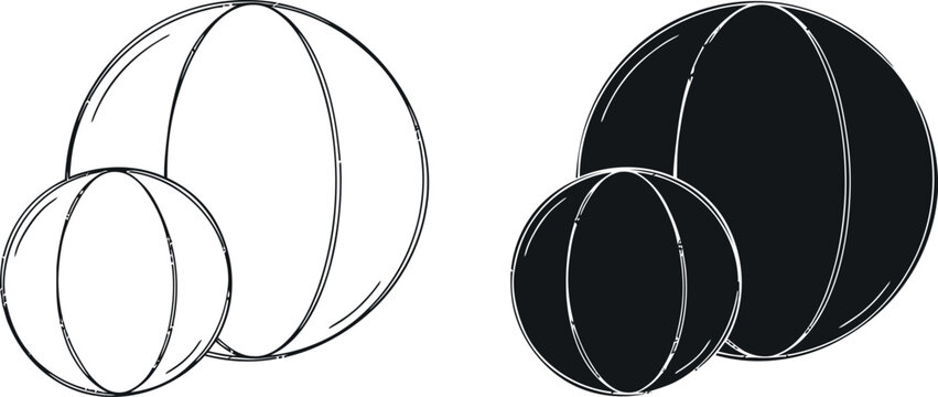 Geometric illustration of two spheres in outline and solid black with geometric abstract dimension