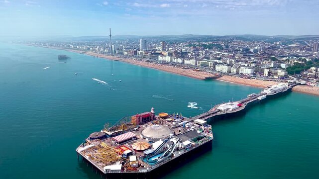 Panoramic aerial view of the seaside town of Brighton, East Sussex, England, with Pier and beach front during a sunny day