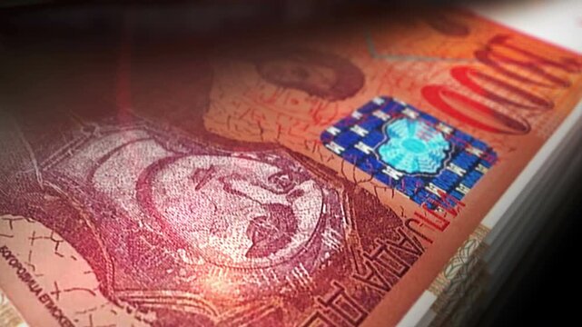 North Macedonia denars money counting. 1000 MKD banknotes. Fast cash note count macro loop. Business, finance and economy. Loopable and seamless concept.