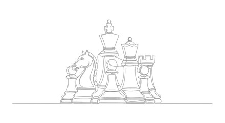 Sketch style drawing of various chess pieces on white background © Line Galaxy
