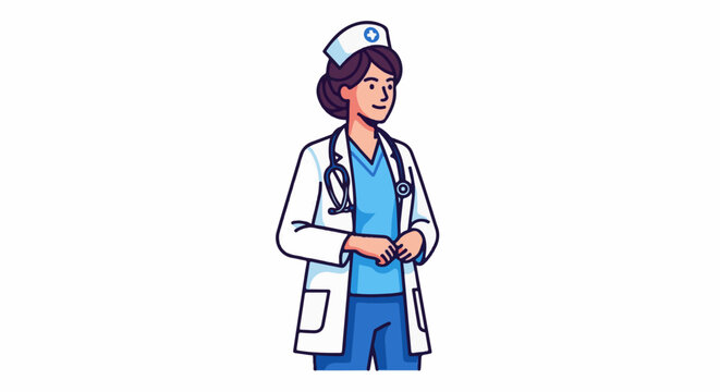 Professional person in a white coat and blue uniform